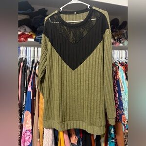 Olive and Black Lace Panel Sweater